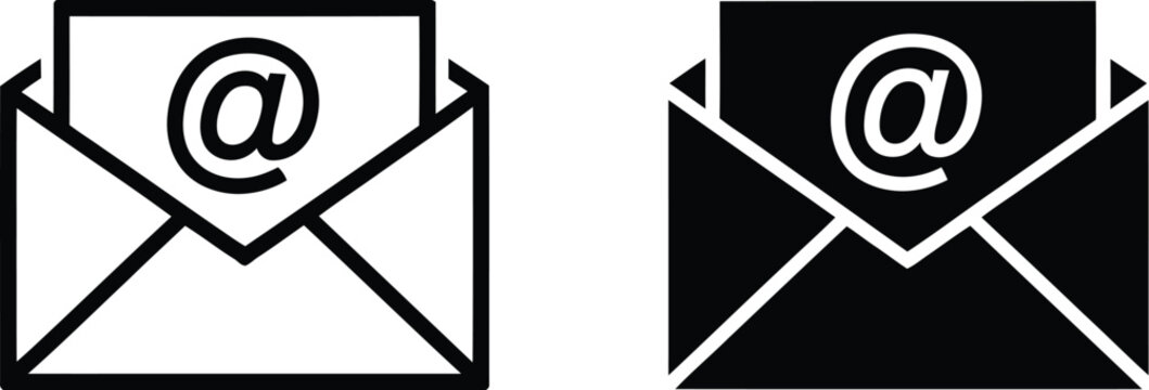 Email Icon Vector, open letter with @ symbol, email correspondence, digital communication, web and mobile interface, minimalist flat design