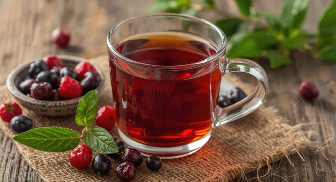 Glass cup of vitamin C packed red berry hips herbal tea promoting natural laxative effects and health