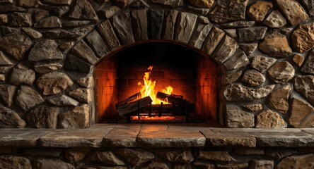 Fototapeta premium Inviting stone fireplace glowing with bright fire