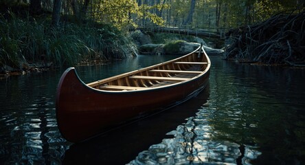 Imaginative scene of wooden canoe landing with optical art