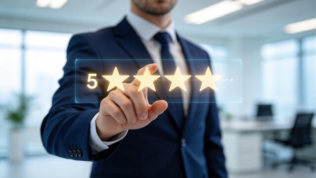 Businessman giving five star rating feedback on virtual interface,customer satisfaction review evaluation and quality assurance concept in corporate environment