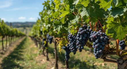 Naklejka premium Fresh grapes growing in a lush vineyard field on a sunny day
