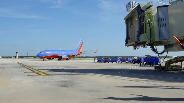 Commercial Airplane Taxiing at Airport Runway Near Jet Bridge and Ground Support Vehicles
