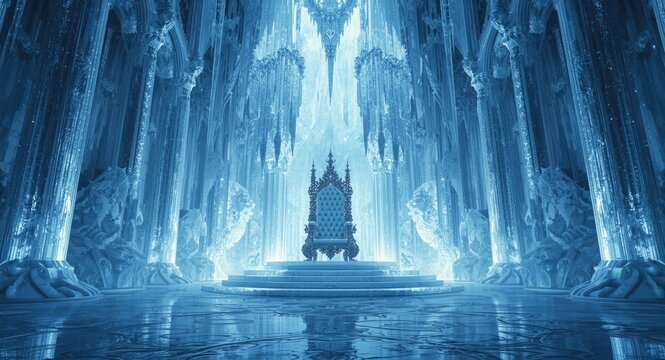 Ancient ice domain throne hall decorated with vast sparkling crystal columns and clear icy ground where ornate throne embodies serene majesty
