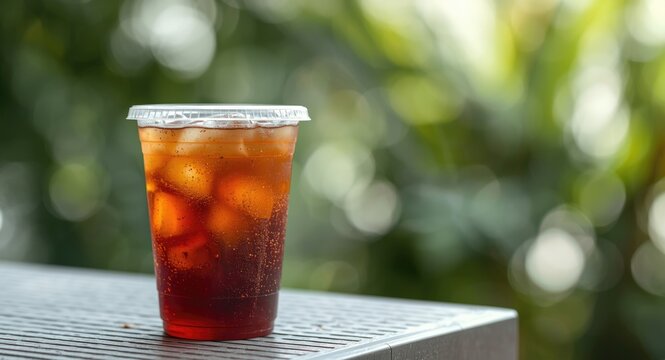 Refreshing summer iced tea in a plastic to go cup on a table with a nature inspired background