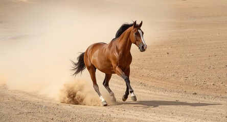 Obraz premium Noble Arabian horse galloping through dusty desert path