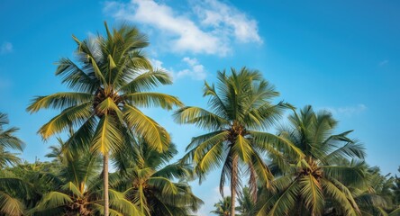 Obraz premium Coconut palm trees thriving in a tropical environment under a clear blue sky with gentle clouds