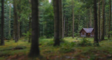 Peaceful blurred forest environment with a charming cabin nestled among trees for serene Earth Day background