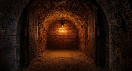 Obraz premium Old factory tunnel corridor with rustic wooden doors open to glowing brick wall