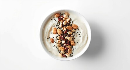 Creamy yogurt in a pristine white bowl topped with mixed nuts and black sesame seeds on a minimal white background for wellness marketing
