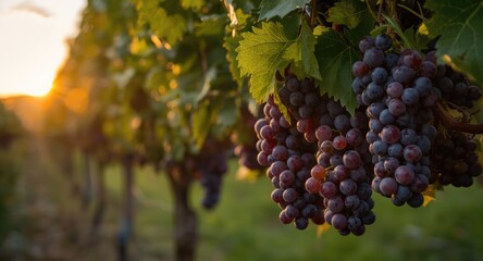 Naklejka premium Bountiful ripe grapes hanging heavily on vines at sunset