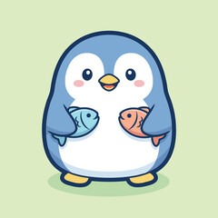 Vector illustration of cute cartoon penguin holding two colorful fish in its flippers on green background © JIHAD HOSSAIN
