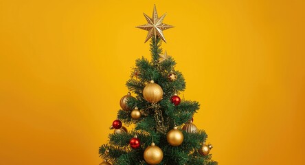 Obraz premium Decorated Christmas tree with gold and red ornaments and a star topper in front of yellow background