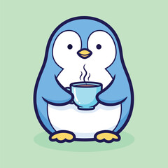 Vector illustration of cute cartoon penguin holding a steaming cup of coffee or tea in its flippers on a green background © JIHAD HOSSAIN