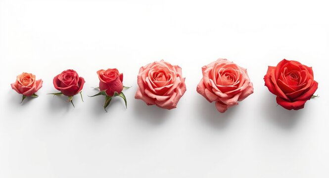 Sequential rose flower blooming phases with clean white backdrop