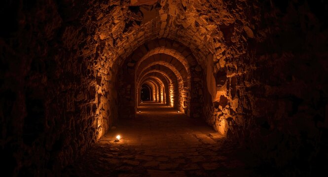 Medieval endless catacombs glowing under torchlight in a mystical and nightmare inspired style