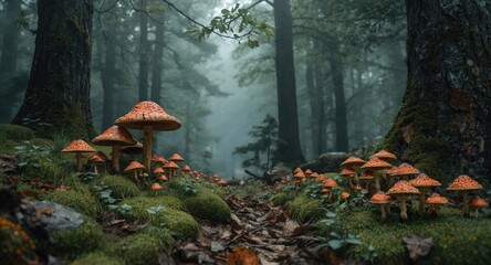 Obraz premium Fantasy mushroom forest digital background art for video game scenes
