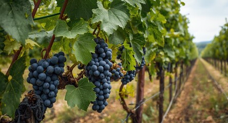 Naklejka premium Oil depiction of grape clusters growing in a healthy and fertile vineyard
