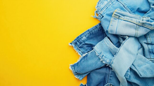 Pile of denim jeans on vibrant yellow background