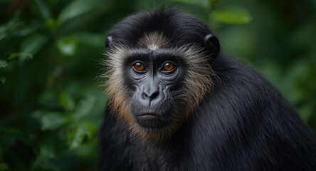 Fototapeta premium Reflective primate portrait with detailed fur and vivid eyes set in a backdrop of lush green foliage and room for text