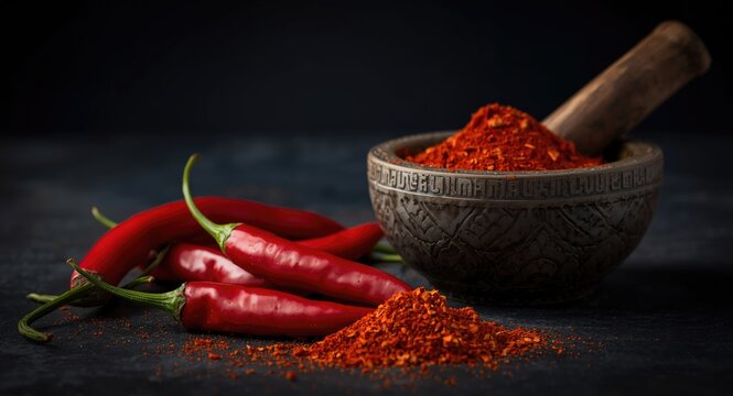 Selective closeup of red chillies and spicy mirch powder in mortar with dark moody background