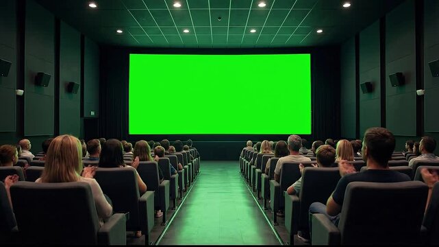 A large audience fills a modern cinema, their attention fixed on the expansive green screen, eagerly anticipating an immersive digital spectacle, representing future visual entertainment