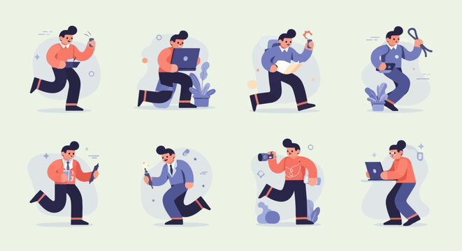 Animated characters engaged in various daily activities and tasks