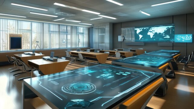 Modern classroom with interactive tables and digital displays