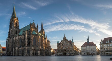 Obraz premium Majestic cathedral standing tall amidst surrounding buildings under a serene blue sky