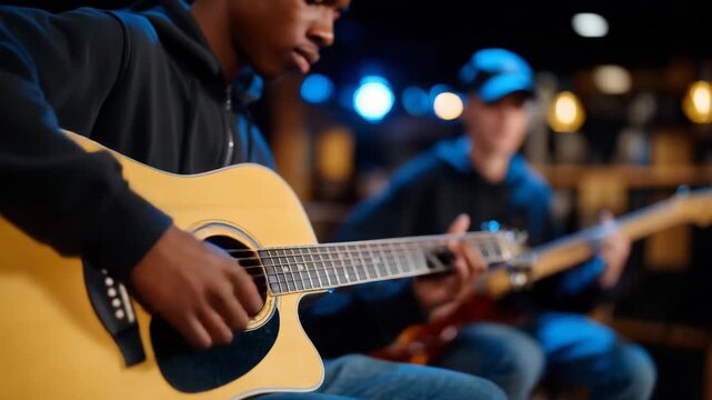 85Faceless student playing acoustic guitar while teacher observes and teaches, guitar lesson, music education, performance skills, artistic development, mentoring relationship, shall