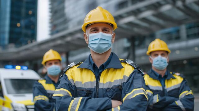 96Emergency response team of faceless doctors and paramedics, looking toward camera with confidence, ambulance and hospital building in background, professional medical service and t