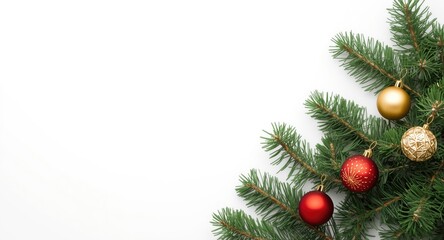 Obraz premium Pine tree branch with ornaments set in corner on a plain white background