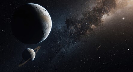 Fototapeta premium Artistic space background with crater adorned planets, orbiting satellites, and comets in star field