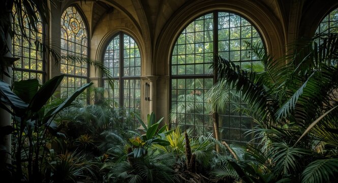 Indoor nature haven inside an impressive architectural interior with arches and large stained glass windows complemented by verdant plants