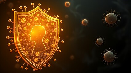 Fototapeta premium Golden shield of vaccine molecules protecting a human silhouette from dark, swirling pathogens.