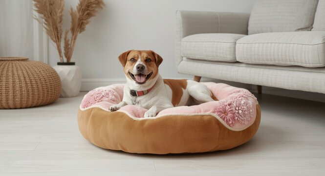 Smiling pet dog stretched out in a flower designed donut bed on a minimalist neutral floor of modern living room with copy space