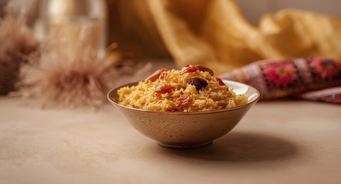 Rich Kashmiri pulao made with Basmati rice warm spices saffron threads and crunchy dry fruits copy space