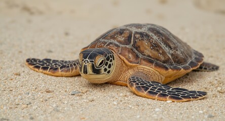 Obraz premium Newly hatched loggerhead sea turtles enjoying warm sand crawl with copy space