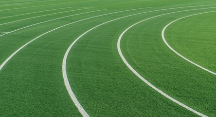 Fototapeta premium Detailed image of curved running lanes on a green athletic track designed for competitive sports
