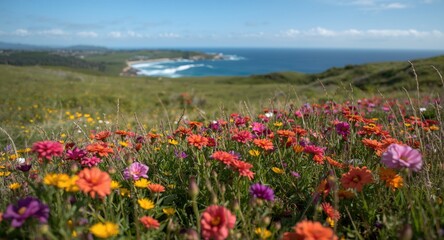 Obraz premium Bright and lively flowers bloom across a scenic grassland with a distant ocean view