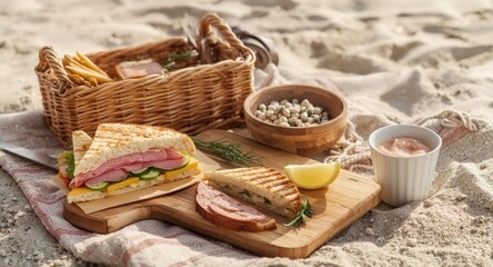 Obraz premium Hearty salami and vegetable panini on a beach picnic setup illustrating outdoor dining enjoyment and seasonal packaging with copy space
