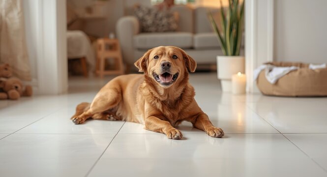 Delightful indoor scene of pet dog playing and resting on white tile floor in cozy home