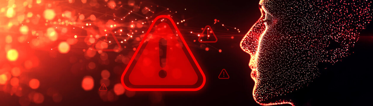 Warning Signal Illuminates a Digital Face Cybersecurity Awareness Abstract Art Dark Background Side View Visual Representation of Data Security Concepts