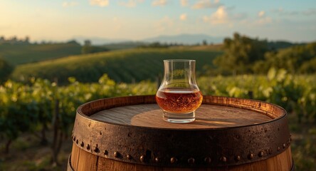 Naklejka premium Glass of cognac displayed on a classic wooden barrel against peaceful vineyard views