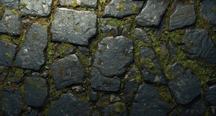 Fototapeta premium Rough stone ground layered with green moss and open copy space