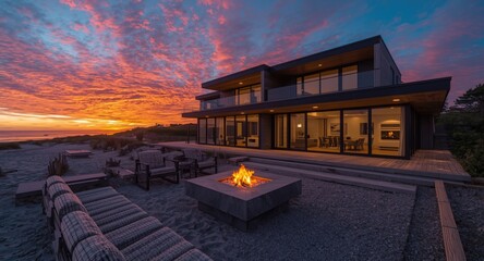 Fototapeta premium Modern architectural beach residence with a warm fire pit during vibrant sunset skies