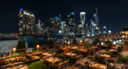 Obraz premium Night blurred city panorama with stylish modern buildings and lively outdoor patio arrangements