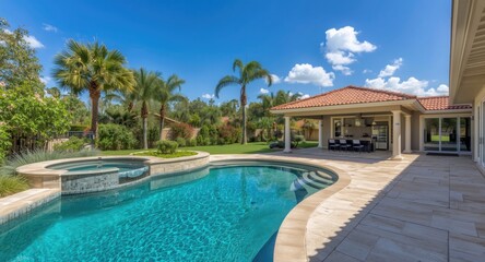 Fototapeta premium Luxury backyard design including a curved pool open kitchen and garden gazebo