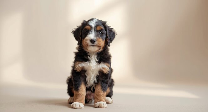 Friendly tri color Mini Bernedoodle pup in indoor setting facing forward