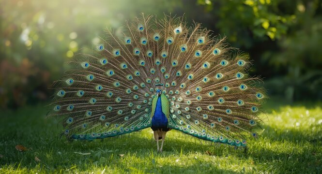 Radiant peacock revealing its sparkling tail feathers adorned with intricate eye patterns in a complete fan showcasing natural sophistication